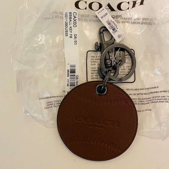 COACH LEATHER BASEBALL KEYCHAIN Fob,BAG CHARM CAX60 SADDLE,brown - Picture 1 of 7